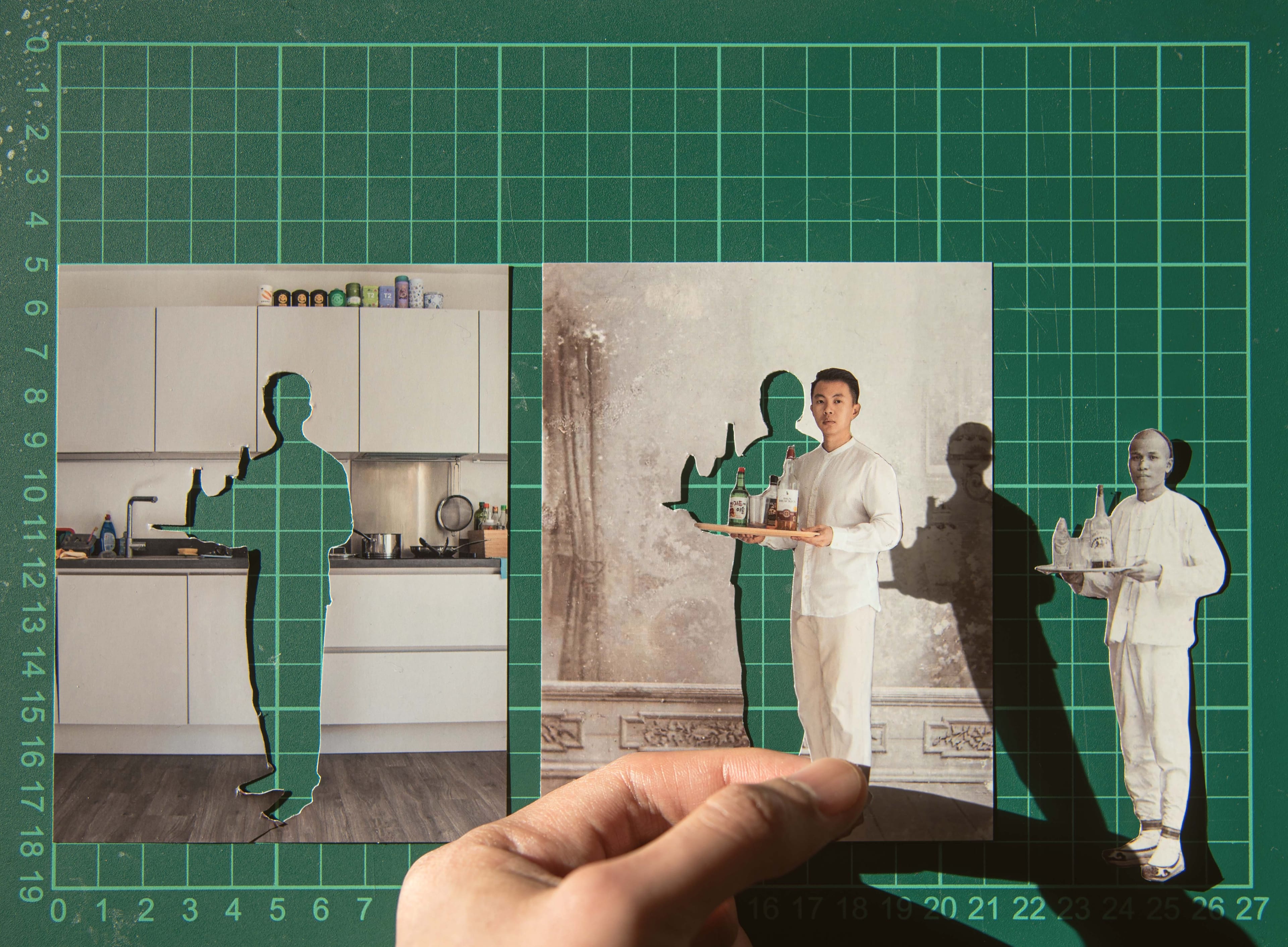 Cutout of a person holding a tray overlaps a kitchen photo, casting a shadow on a grid background, creating a layered composition.