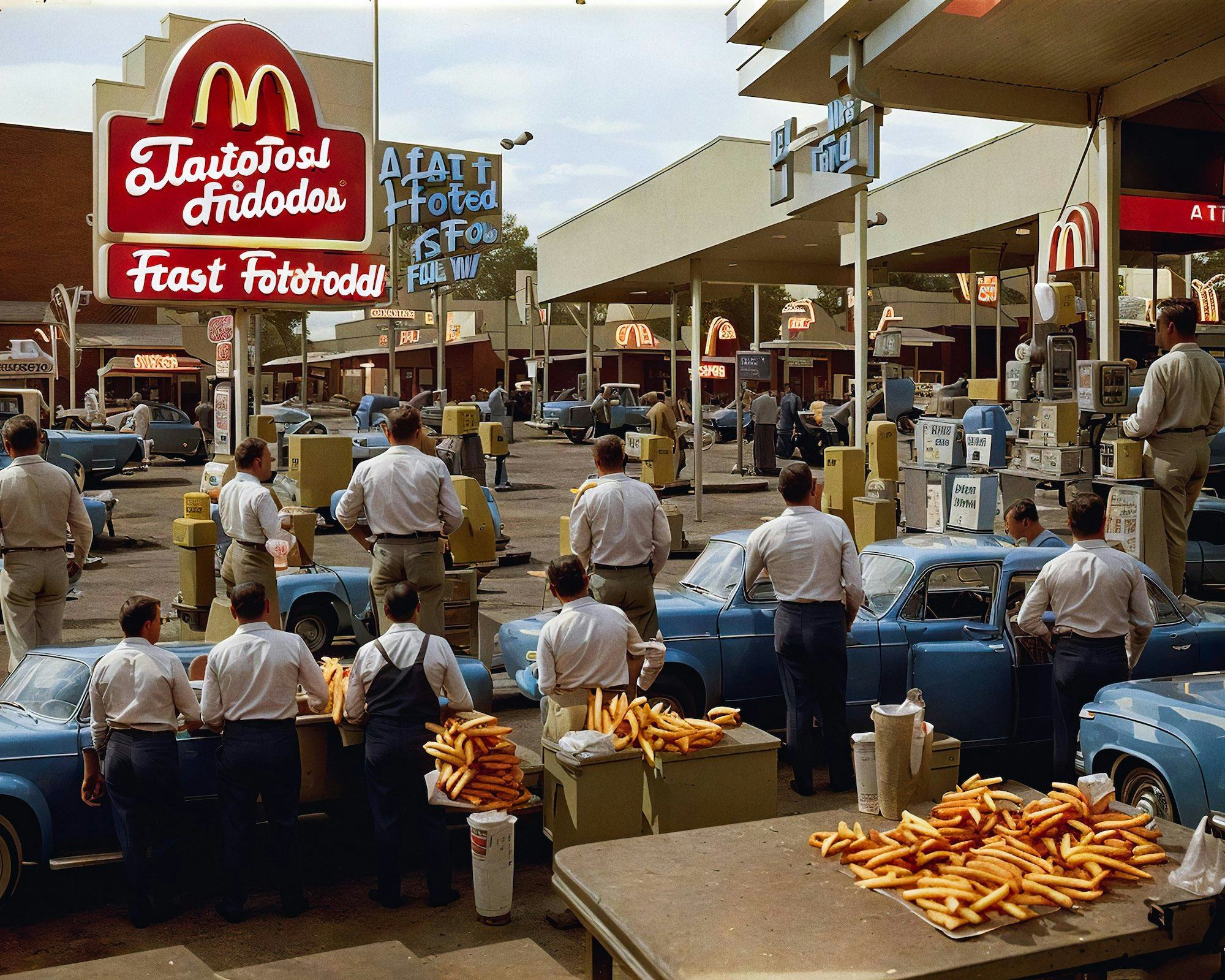 AI generated image showing a fake McDonalds restaurant in the 1950s with several men standing in the parking lot. © Roope Rainisto