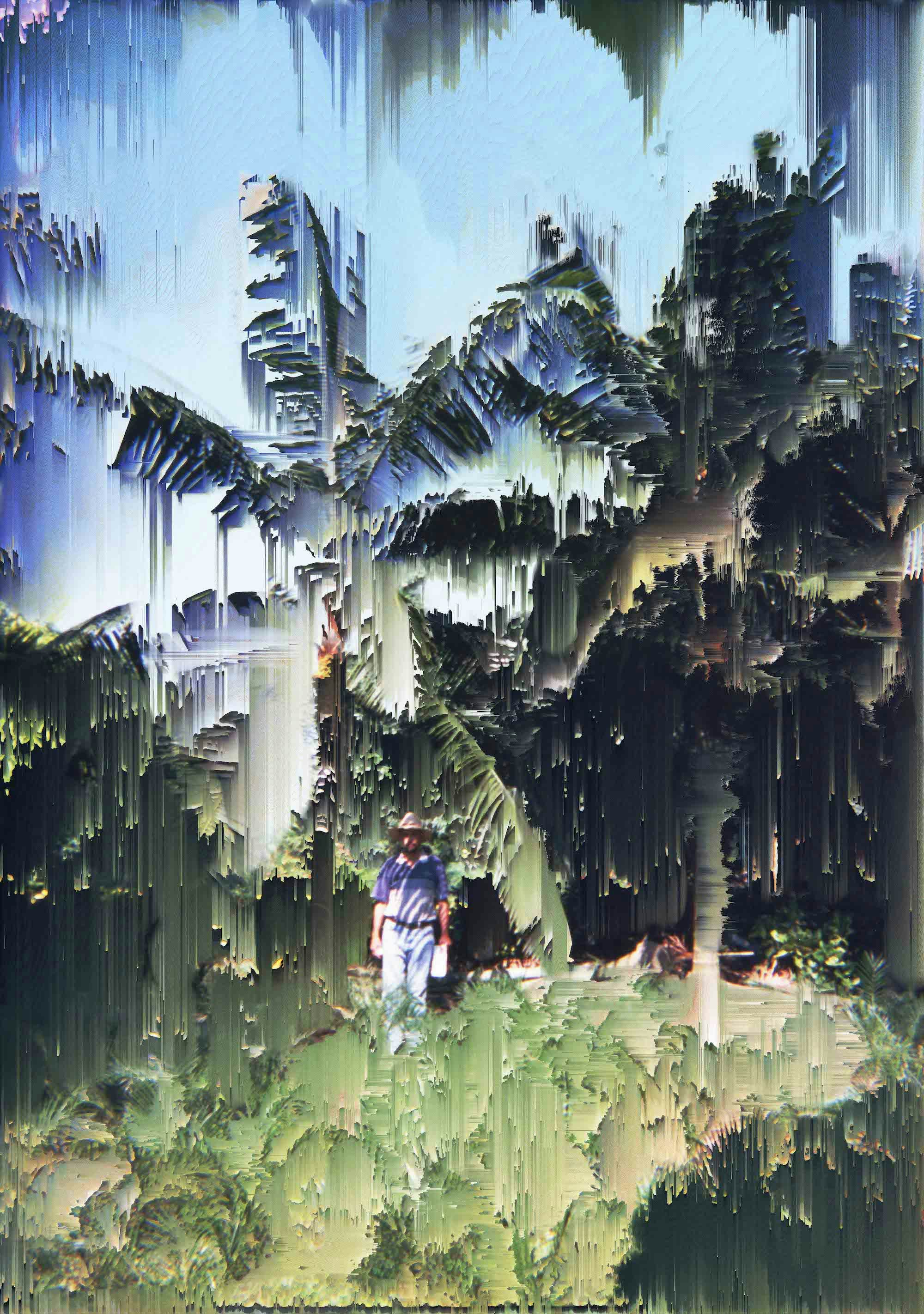 Archival image of artist's father in a palm tree garden. The pixels are manipulated, appearing the photograph to melt© Cristóbal Ascencio Ramos