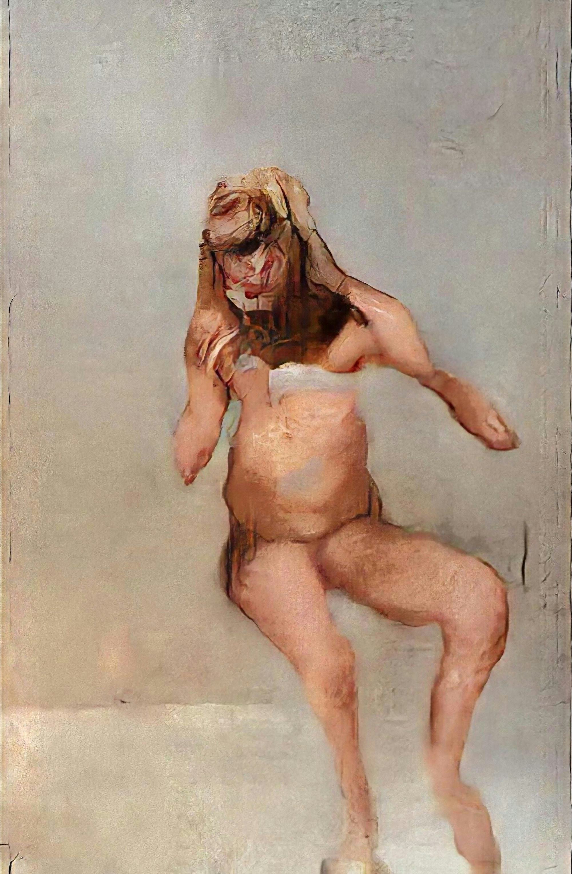 AI generated image showing a white human sitting down, disfigured and unfinished © Mario Klingemann