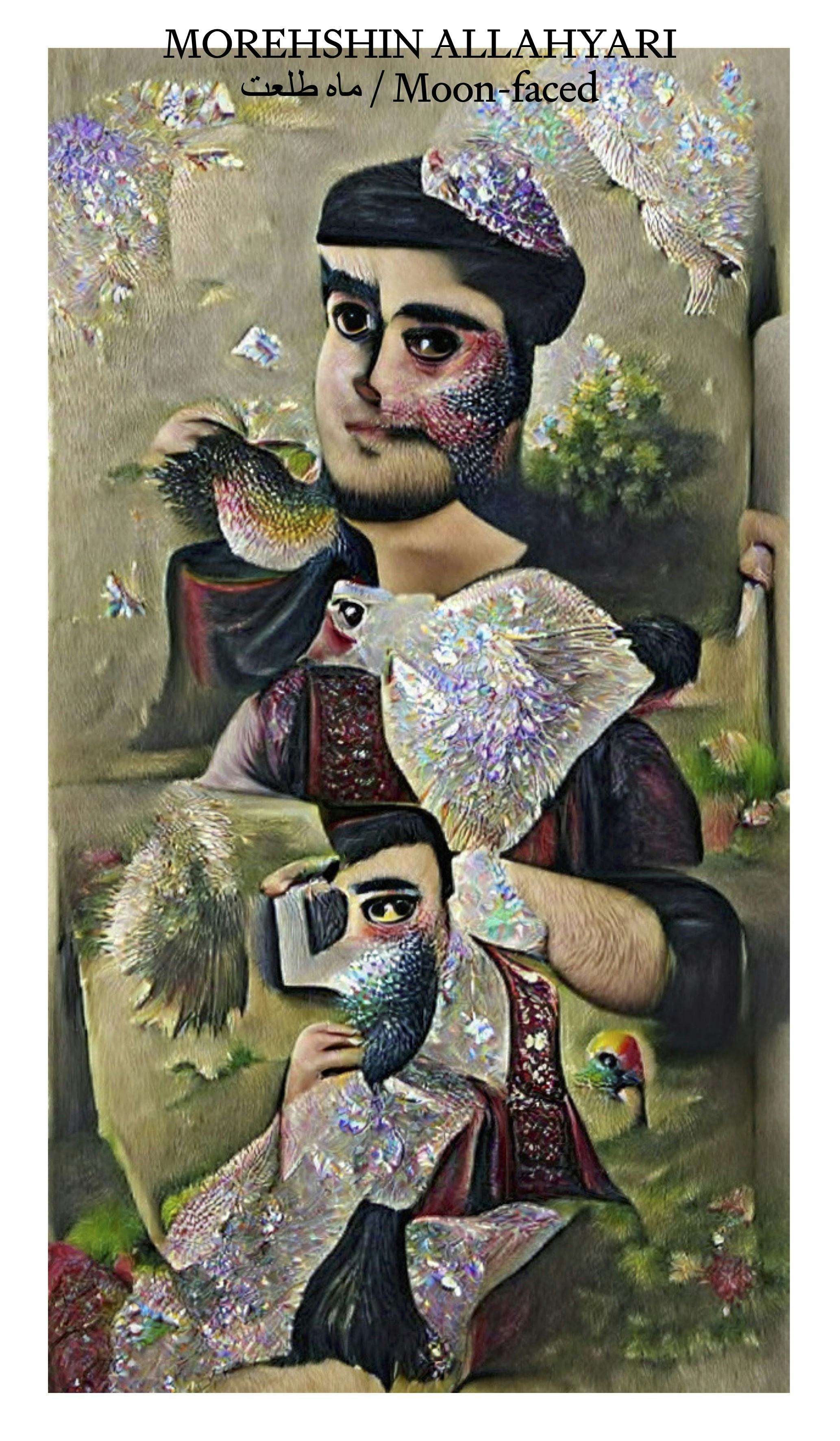 AI generated portrait of a Persian person in Qajar painting style.