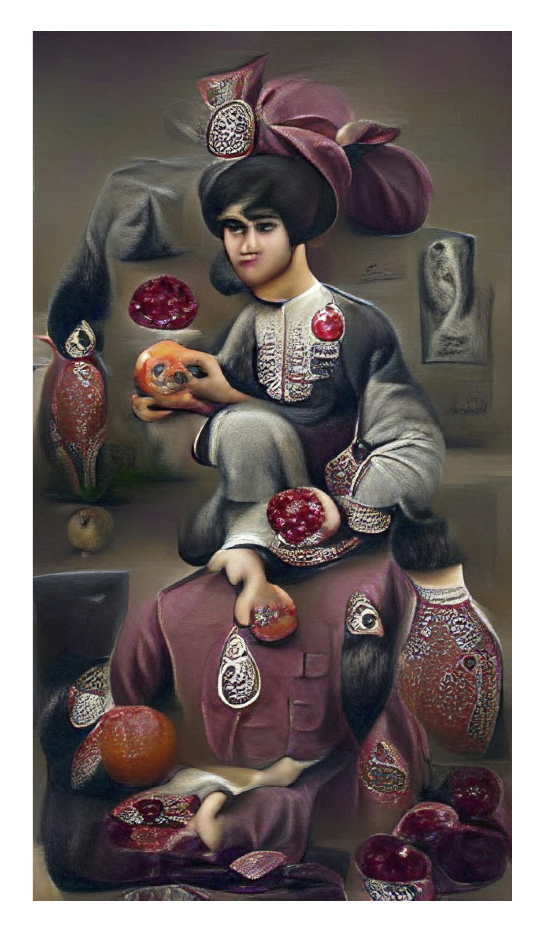 AI generated portrait of a Persian person, in Qajar painting style