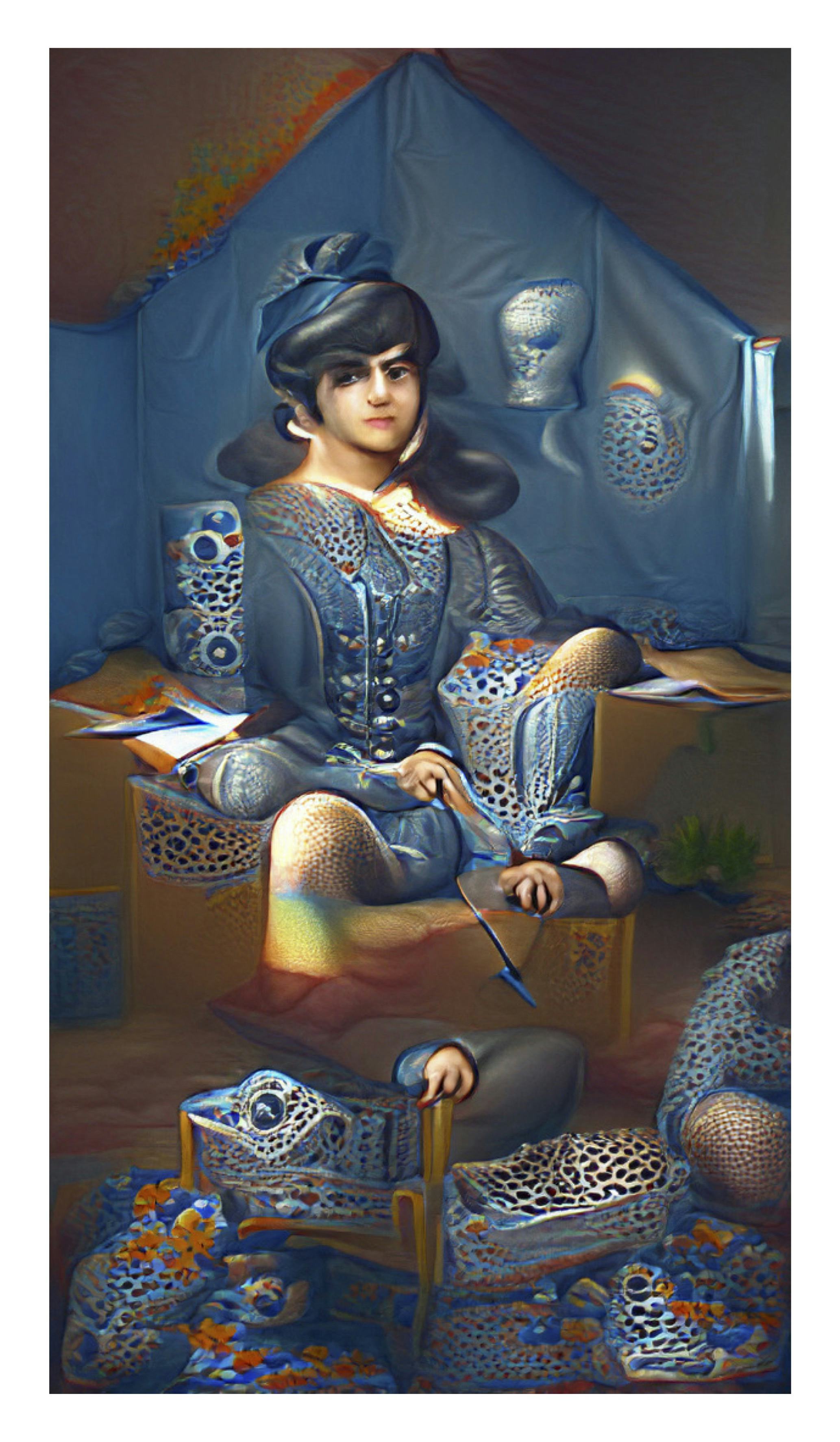 AI generated portrait of a Persian person in Qajar painting style.