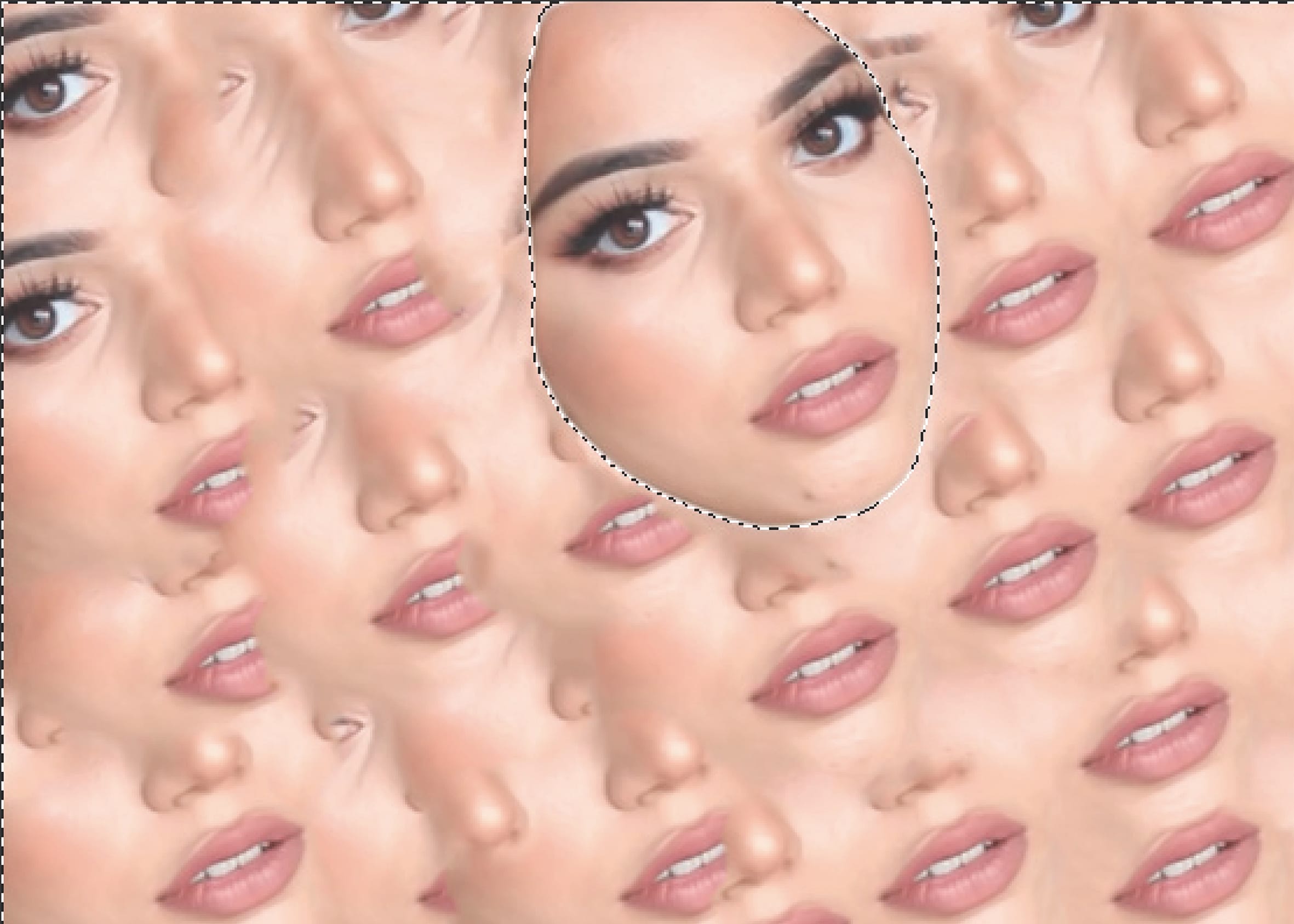 A woman's face cut-out and multiplied, filling the whole image