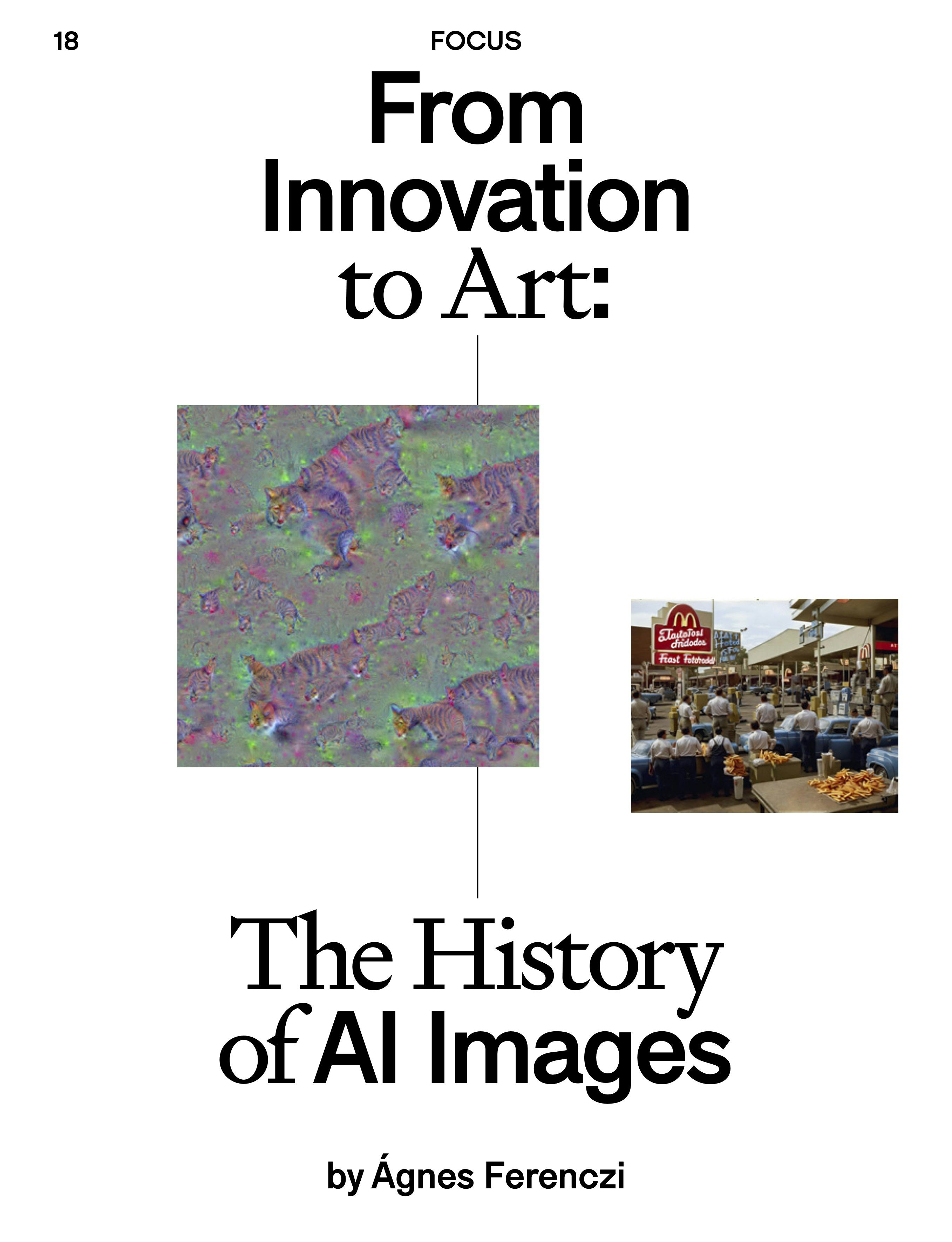 Cover page of the article 'From Innovation to Art: The History of AI images' by Ágnes Ferenczi. White page with two AI generated images, stating the title and author © Foam Magazine
