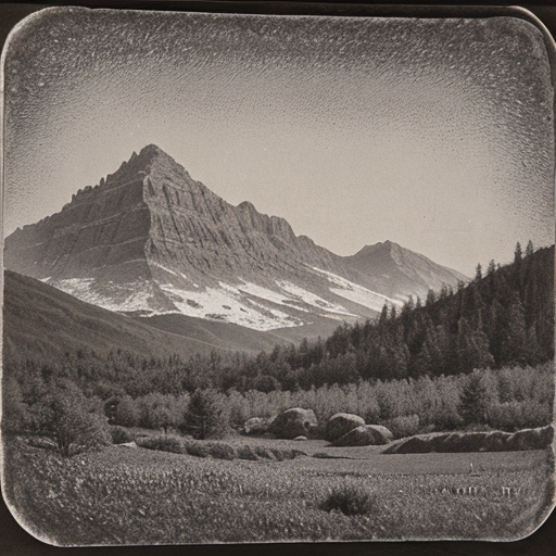 AI generated image created with the prompt: photorealistic_vintage_image_of_a_mountain_landscape_platinum_print_grainy_texture