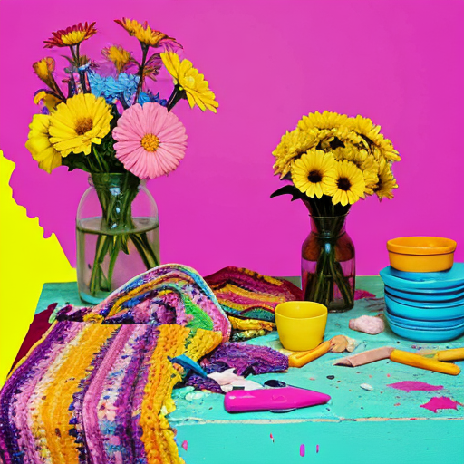 AI generated image created with the prompt: messy_photo_still_life_with_flowers_objects_and_on_a_colourful_background