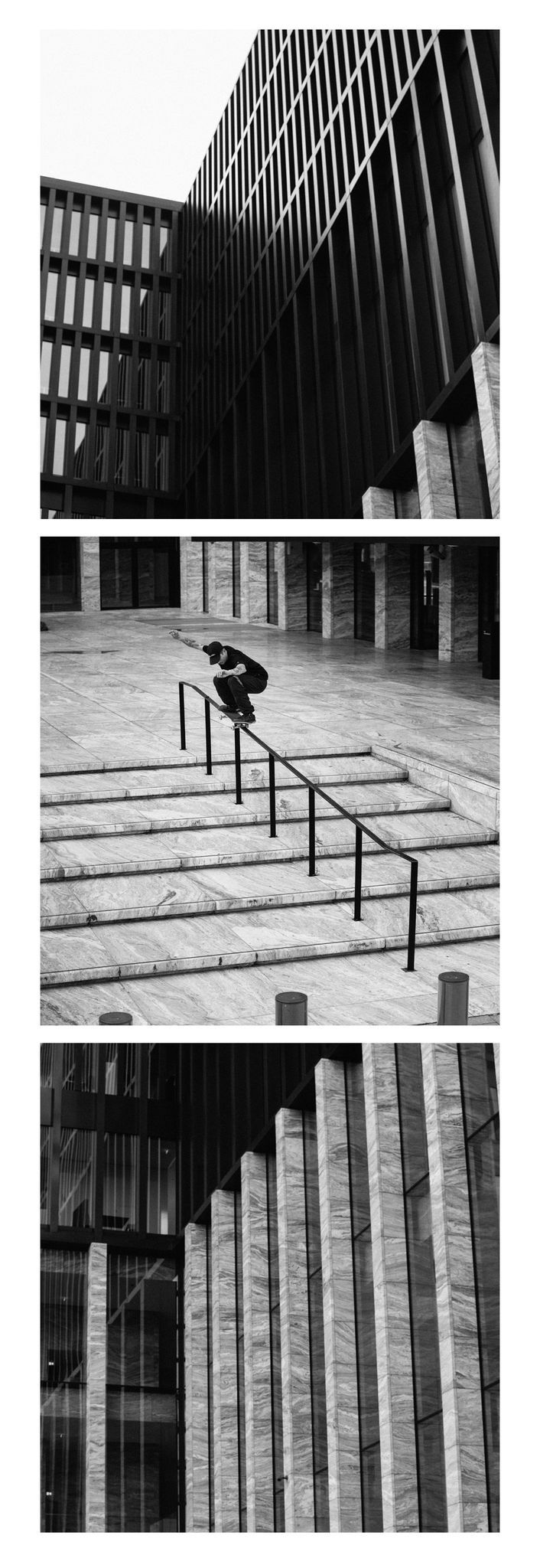 Collage of 3 images showing black and white images of an angular building and a skater in the middle.