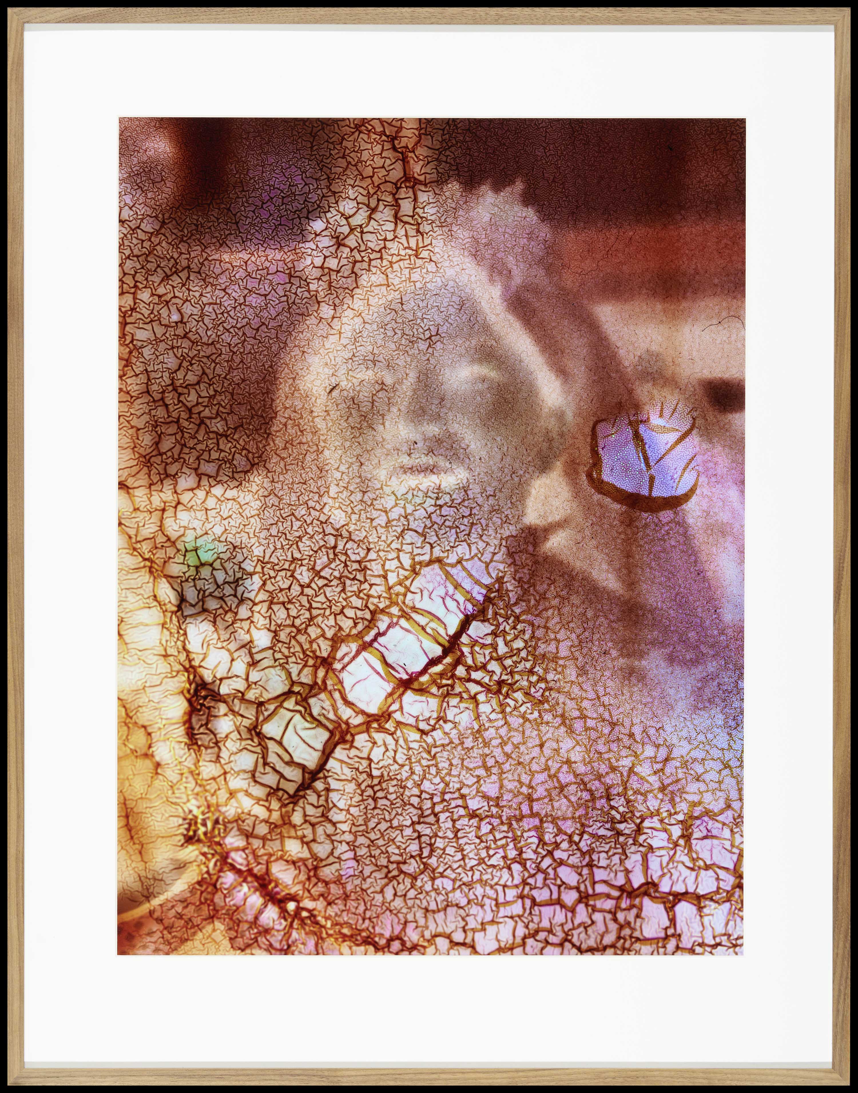 Een abstract portret met felle kleuren en vervormingen doordat het glasnegatief is geweekt in energie drank.